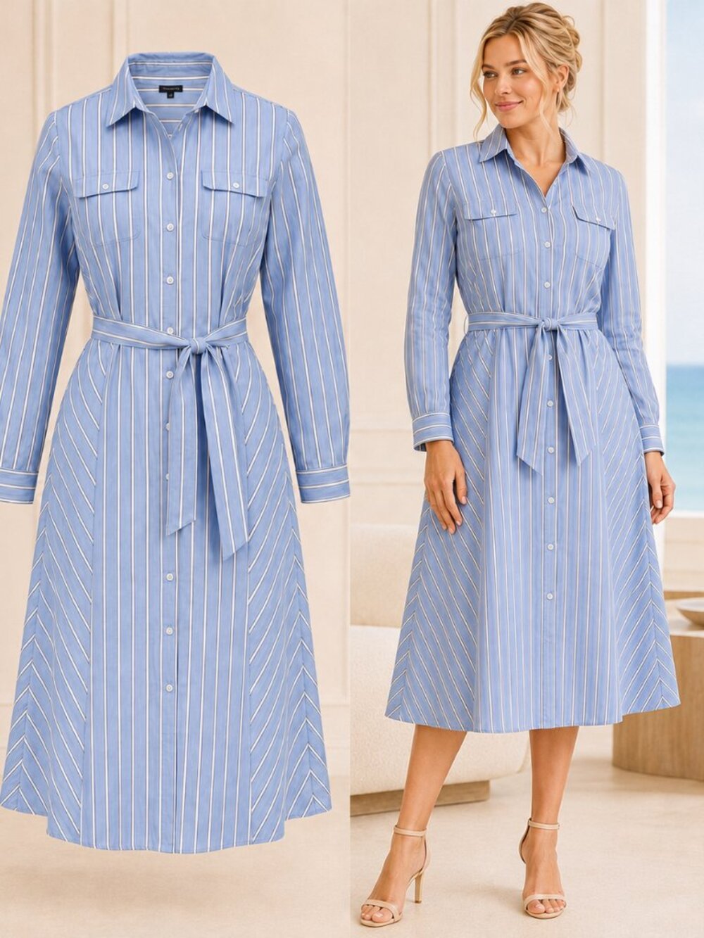 Talbots Blue Striped Cotton Shirtdress Belted 16 ResortCoastal Travel Work Beach